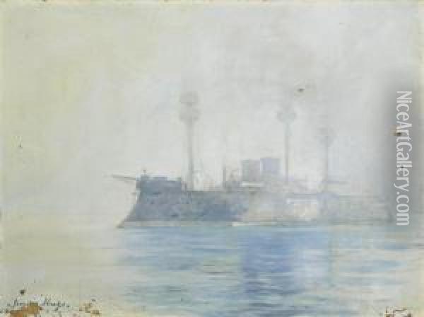 Le Navire Militaire Dans La Brume Oil Painting - Georges-Victor Hugo