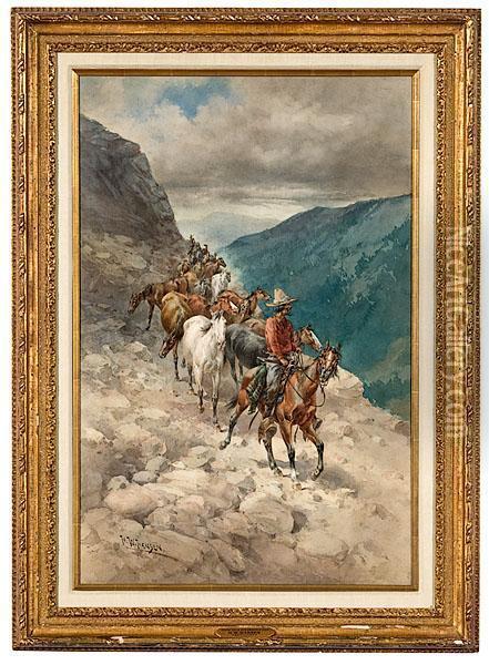 Horse Drive On A Mountain Trail Oil Painting - Herman Wendleborg Hansen