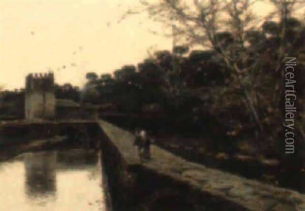 A Morning Stroll By The Canal Oil Painting - Manuel Garcia y Rodriguez