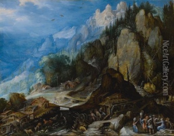 A Mountainous Village Landscape With Waterfalls, Mills, A Castle On A Hill, Various Animals, And Figures In The Foreground Oil Painting - Frederick van Valckenborch