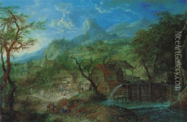Dorf Im Gebirge Mit Einer Muhle Und Vielen Figuren Oil Painting - Franz Christoph Janneck