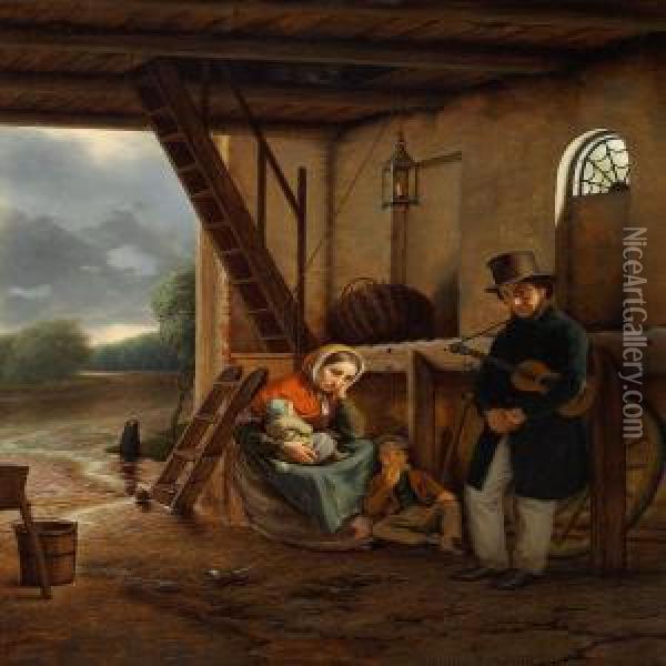 A Wandering Singer And His Family Seek Shelter From The Rain Oil Painting - David Monies
