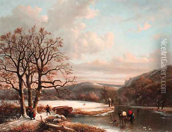 Figures crossing a frozen river Oil Painting - Louis Pierre Verwee