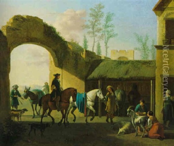 Ein Gutshof Mit Vornehmen Reitern Und Einer Ziegen Melkenden Baeuerin Oil Painting - Gerrit Adriaensz Berckheyde