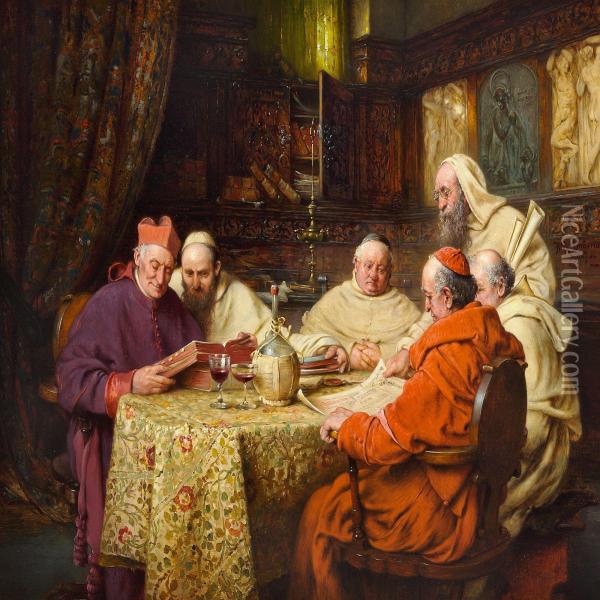 Interior With Learned Monks Studying Oil Painting - Richard Linderum