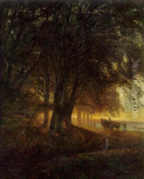 Bonder Pa Vej Hjem Gennem Skoven, Solnedgang Oil Painting - Olaf Viggo Peter Langer