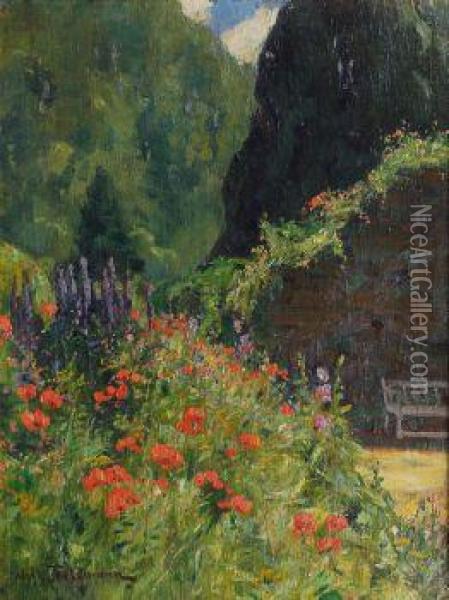 Bluhender Blumengarten Vor Bergpanorama Oil Painting - Wilhelm Feldmann