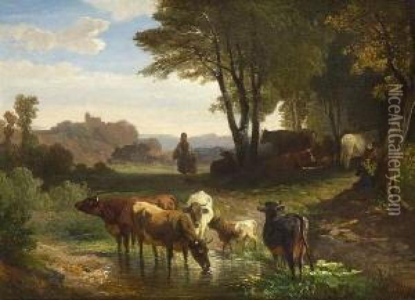 Hirtenfamilie Mit Kuhen Am
 Wasser. Oil Painting - Friedrich Johann Voltz
