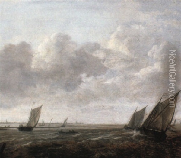 Dutch Coastal Vessels In An Estuary Oil Painting - Willem van Diest