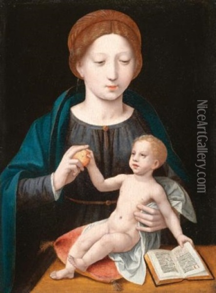 The Virgin And Child With An Apple And An Open Book Oil Painting -  Master of the Female Half Lengths