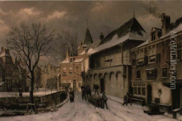 A View In A Dutch Town In Winter With A Horse And Sled Oil Painting - Willem Koekkoek