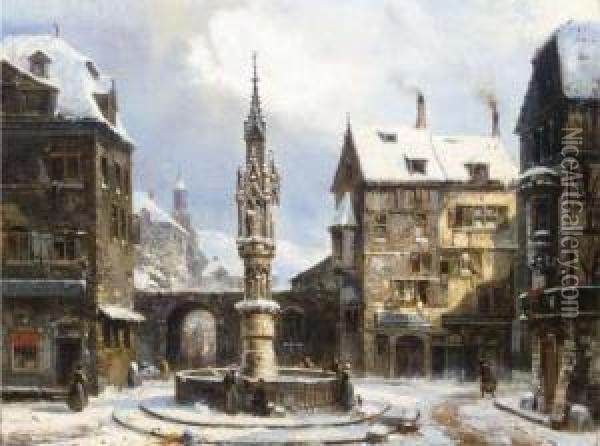 Winter: A Gothic Fountain In A German Town Oil Painting - Pierre-Henri-Theodore Tetar van Elven