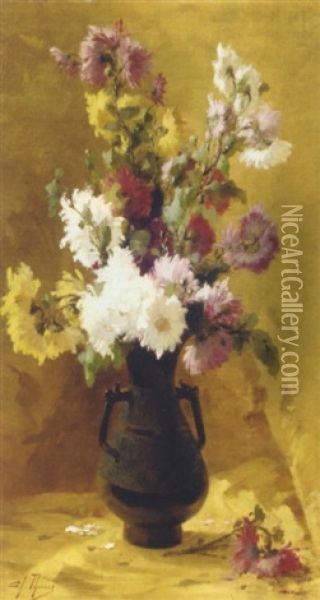 Still Life With Garden Chrysanthemums Oil Painting - Charles Armand Etienne Thomas