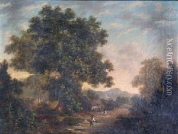 A Rural Wooded Landscape With Cottage And Figures Oil Painting - Robert, Reverend Woodley-Brown