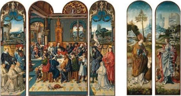 The Last Supper; Right Wing (interior) Patron And Saints; And (exterior) Saint Catherine; Left Wing (interior) Patrons And Saints; And (exterior) Saint Nicholas Oil Painting - Master Of The Pauw And Zas Altarpiece
