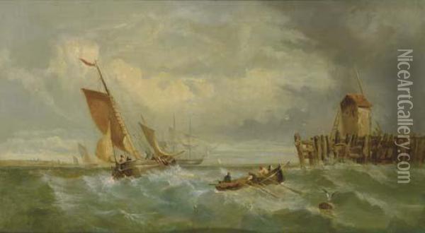 Dutch Fishing Boats Off A Jetty With A Windmill In The Distance Oil Painting - James Webb