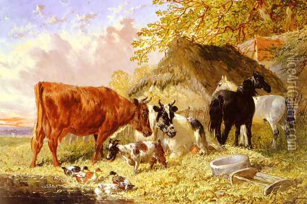 Horses, Cows, Ducks and a Goat by a Farmhouse Oil Painting - John Frederick Herring Snr
