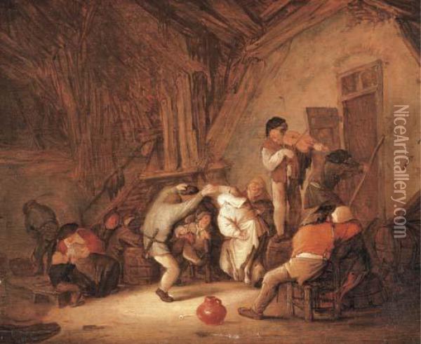 Peasants Dancing And Drinking In A Tavern Interior Oil Painting - Isaack Jansz. van Ostade