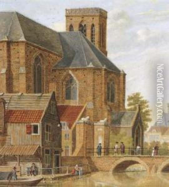 A Capriccio Of A Church By A Canal Oil Painting - Johannes Huibert Prins