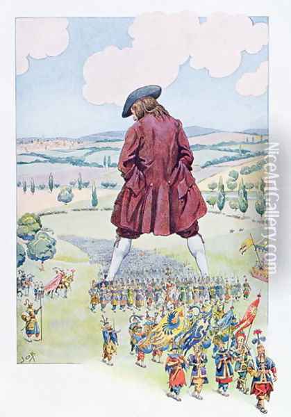 Gulliver inspecting the Lilliputian army Oil Painting - Jacques Onfray de Breville