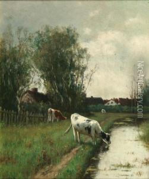 Cattle By A River With Cottages Beyond Oil Painting - William Frederick Hulk