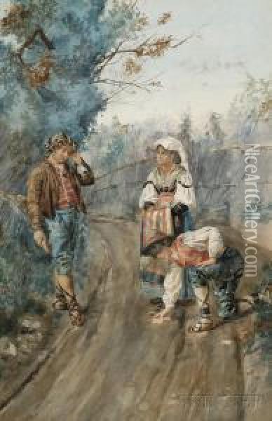 Three Rustic Figures On A Path Oil Painting - Giuseppe Aureli