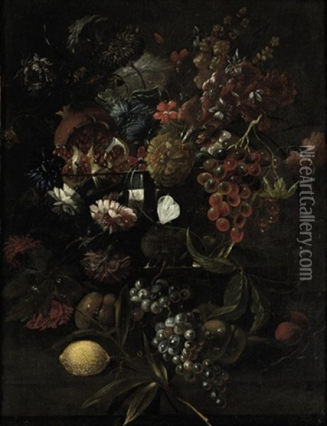Various Flowers In A Glass Vase With Blue Grapes, Peaches And A Lemon, All On A Ledge Oil Painting - Mario Nuzzi