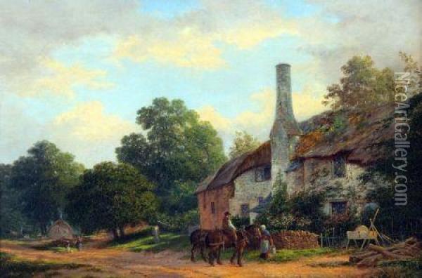 Figures And Horses Before A Country Cottage Oil Painting - Myles Birket Foster