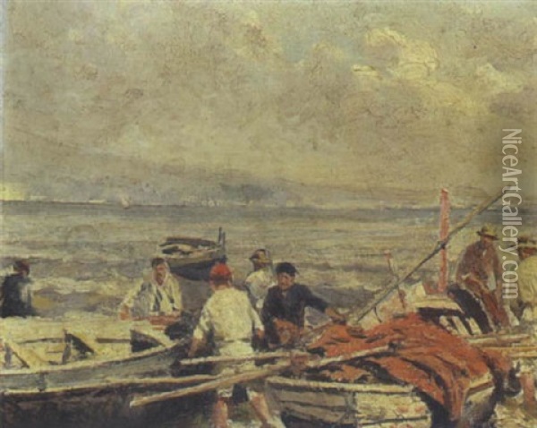 Napoli, Barche E Pescatori A Riva Oil Painting - Attilio Pratella