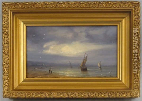 Sandy Shoreline With Figures And Boats Oil Painting - Michel Bouquet