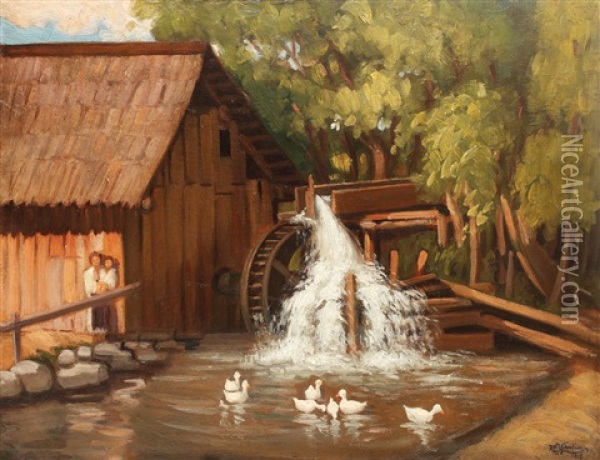 Mill From The Forest Oil Painting - Alexandru Hentia