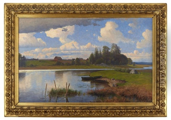 Insjolandskap Med Eka Oil Painting - Erik Johan Wilhelm Abrahamson