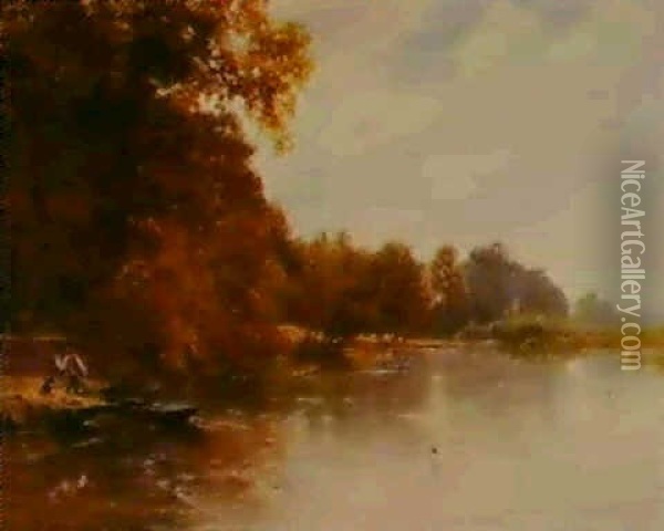 Wargrave, Looking From The Wharf Up The River Oil Painting - George Vicat Cole