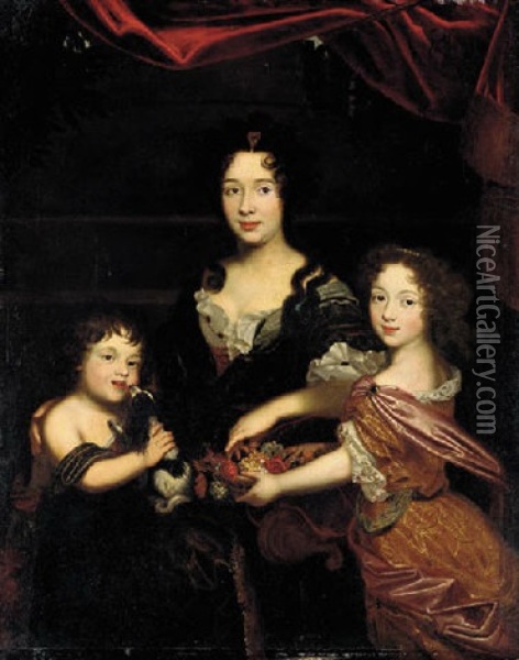Portrait Of A Lady (countess Mancini?) In A Dark Purple Dress, With Her Son Holding A Dog And Her Daughter A Basket Of Flowers Oil Painting - Pierre Mignard the Elder