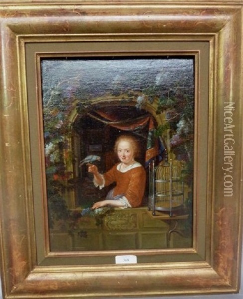 Jeune Fille Presentant Son Perroquet A La Fenetre Oil Painting - Gerrit Dou