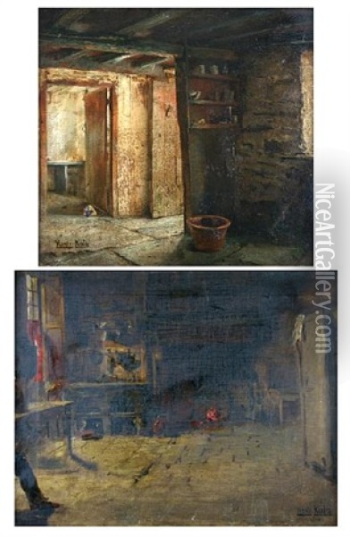 An Interior Scene Of A Cottage (+ Another; Pair) Oil Painting - Henry John Yeend King