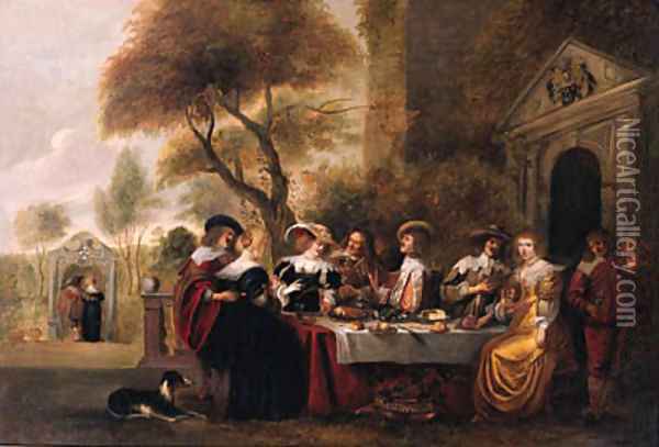 Elegant company at a table on a terrace by a classical portico Oil Painting - Christoph Jacobsz. Van Der Lamen