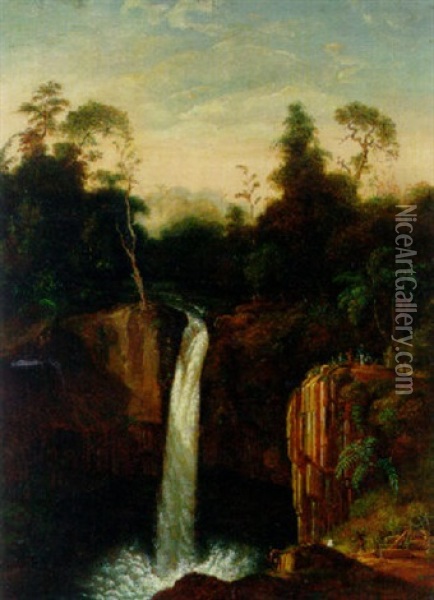 Cascade De La Riviere Tjidjantang, Cianten Oil Painting - Theodorus Hentzepeter