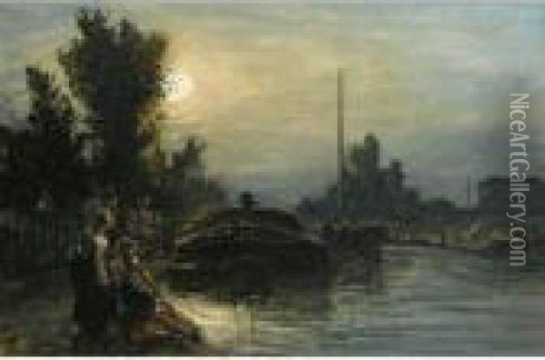 Clair De Lune Sur La Riviere, Hollande Oil Painting - Johan Barthold Jongkind
