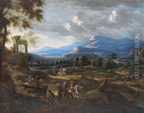 Weite Sudliche Landschaft Mit Einer Antiken Ruine Und Turkischen Reitern (in Collab. W/workshop) Oil Painting - Willem Van Bemmel