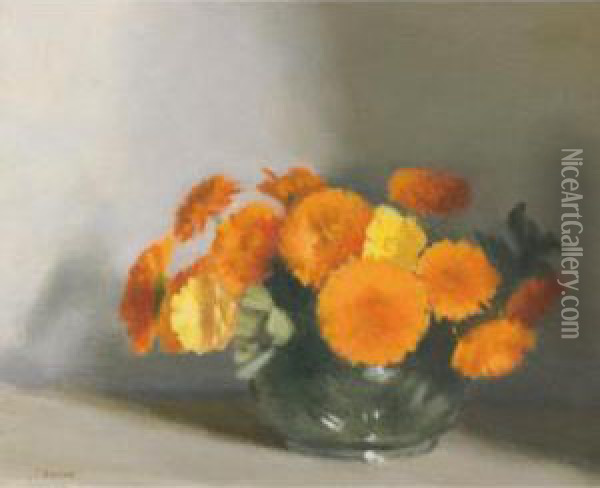 Bowl Of Marigolds Oil Painting - Clarice Marjoribanks Beckett
