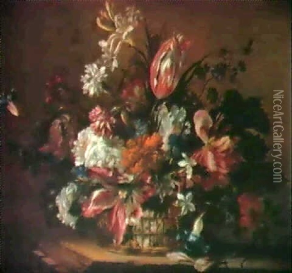 Corbeille De Fleurs Sur Des Entablements Oil Painting - Jean-Baptiste Monnoyer