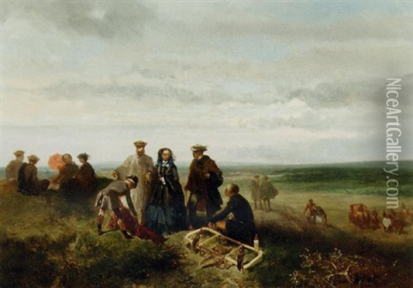 Chasse Au Facon; An Elegant Company During A Falcon Hunt Oil Painting - Charles Rochussen