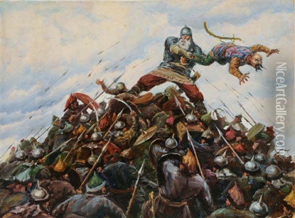 A Bogatyr Beating The Tatars Oil Painting - Viktor Mikhailovich Vasnetsov