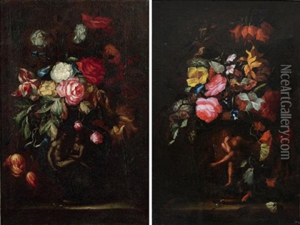 Bouquets De Fleurs Dans Des Vases Sur Des Entablements Oil Painting - Nicola van Houbraken