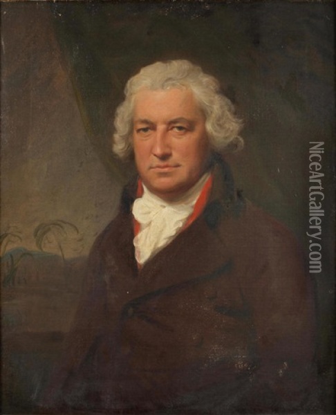 Portrait Of Bryan Edwards, Half-length, In A Brown Coat, Seated Before A Green Curtain, A View To A Caribbean Landscape Beyond Oil Painting - Lemuel Francis Abbott