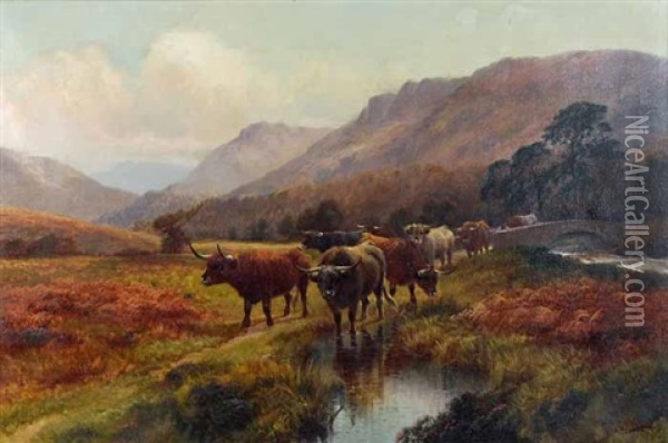 Highland Cattle In A Valley Oil Painting - Harald R. Hall