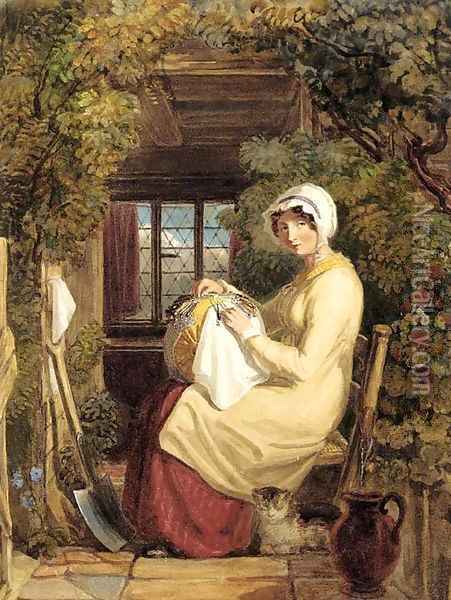 A woman seated in a doorway making lace with a cat at her feet Oil Painting - Thomas Uwins