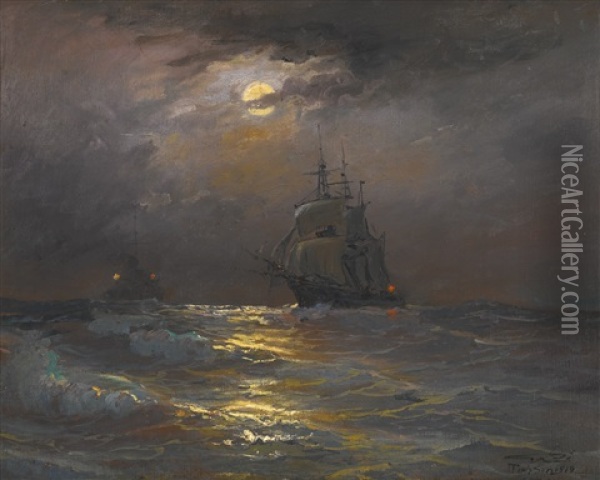 On High Seas, By Moonlight Oil Painting - Diyarbakirli Tahsin