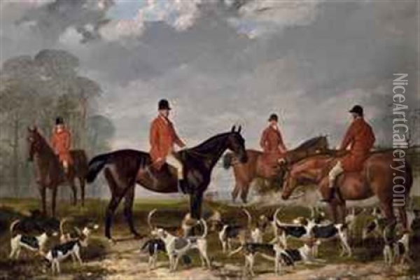 George Mure Of Herringswell, Master Of The East Suffolk Hunt, On A Bay Hunter, With Huntsmen And Hounds Oil Painting - Harry Hall